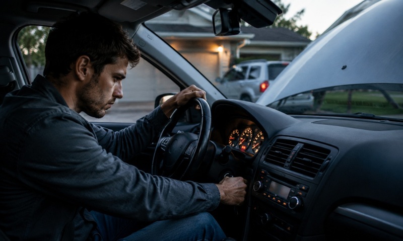 Driver trying to start a car with the hood open after hearing a clicking noise